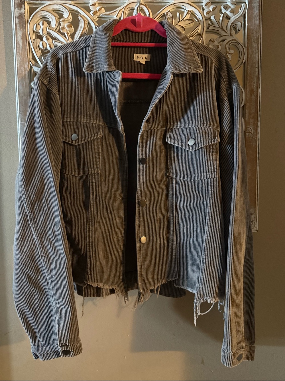 POL Gray Corduroy Distressed Trucker Jacket